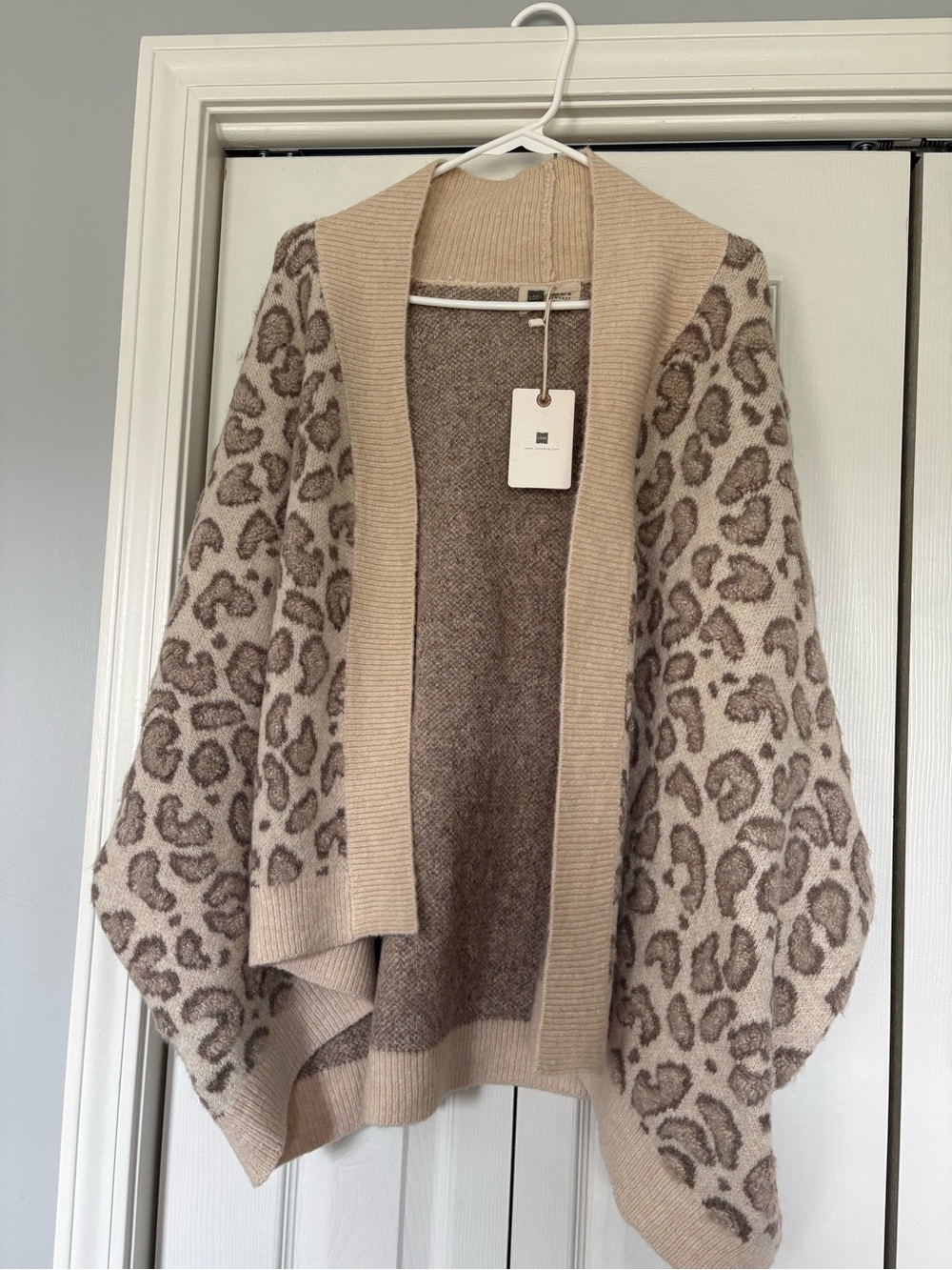 Open-Front Leopard Shawl Cardigan in Beige and Taupe
